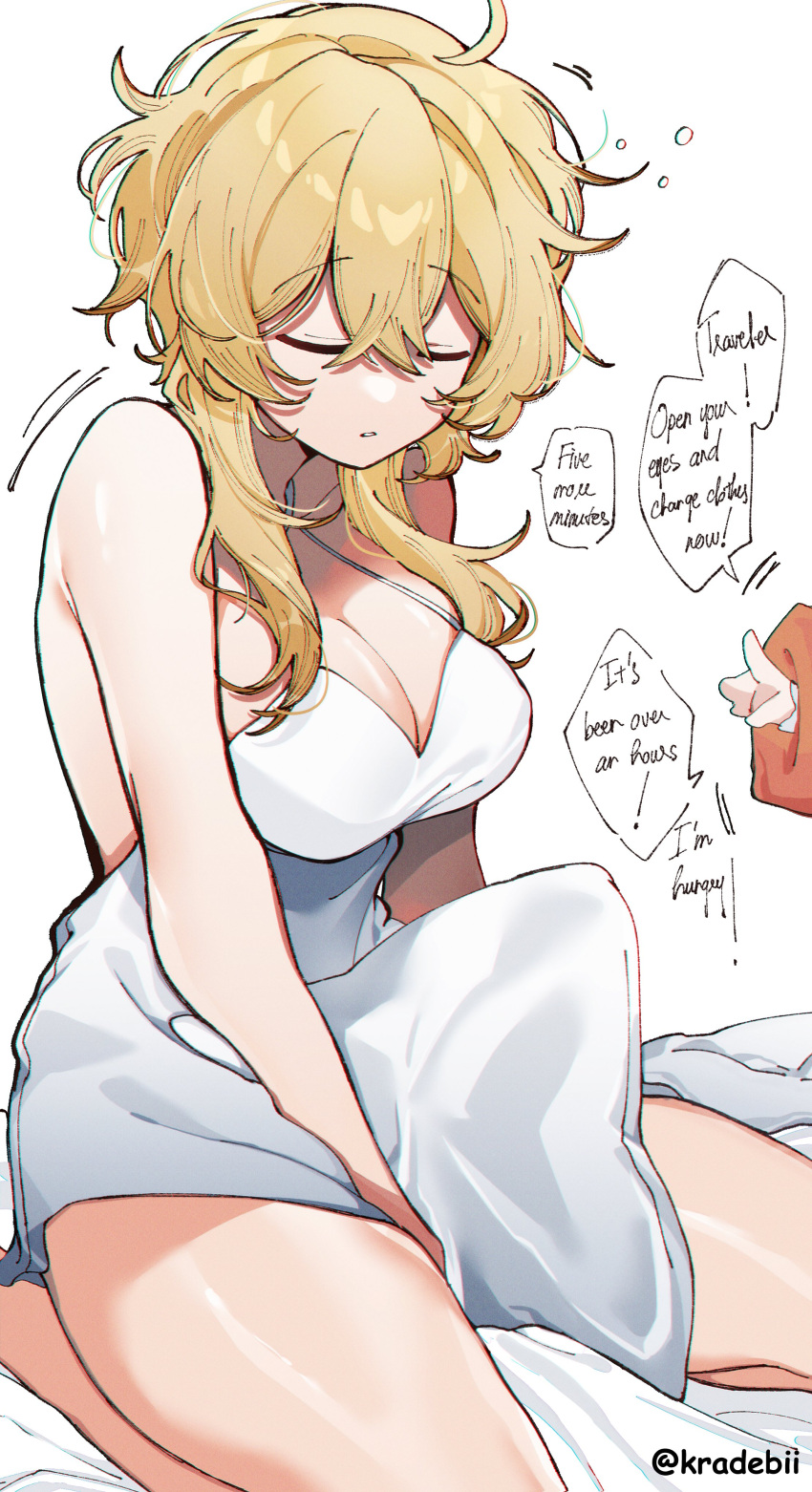 1girl absurdres bangs bare_shoulders blonde_hair breasts closed_eyes dress english_text flower genshin_impact hair_between_eyes hair_flower hair_ornament highres kradebii large_breasts lumine_(genshin_impact) short_hair short_hair_with_long_locks sidelocks sleeping solo speech_bubble thick_thighs thighs yellow_eyes