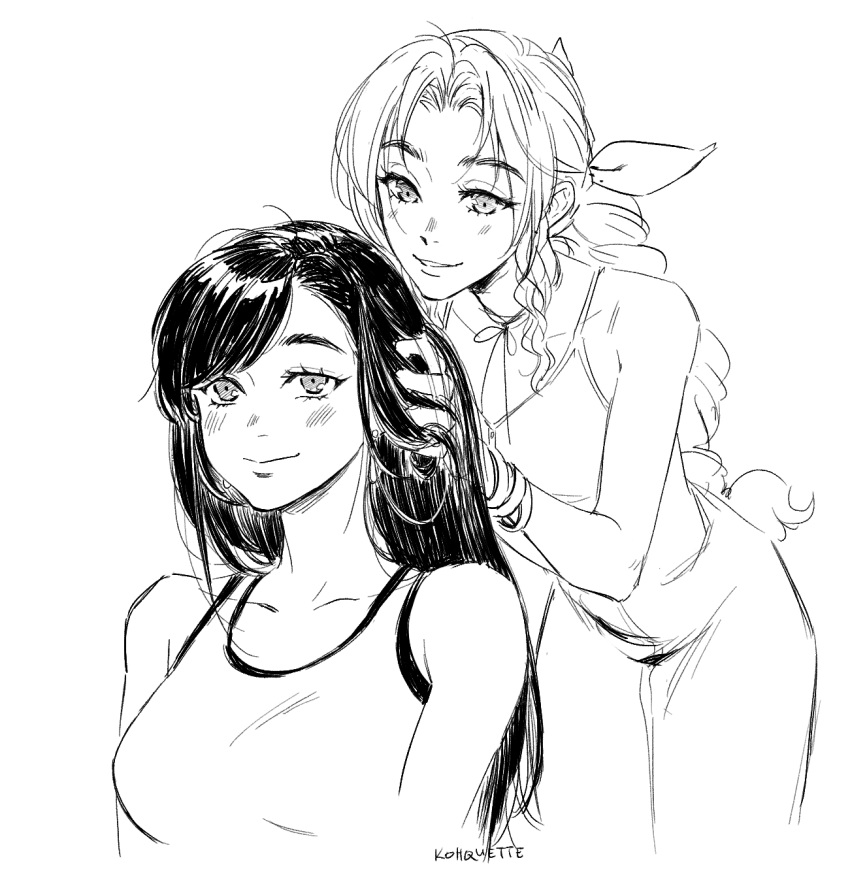 2girls aerith_gainsborough blush braid breasts collarbone dress final_fantasy final_fantasy_vii greyscale hands_on_another's_head highres irene_koh leaning_forward medium_breasts monochrome multiple_girls parted_lips sketch smile tifa_lockhart twitter_username