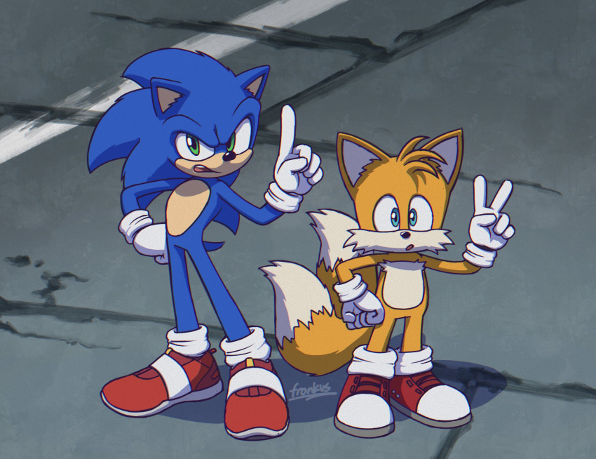 2boys animal_ears blue_eyes blue_fur fox_ears fox_tail fronkus123 gloves green_eyes hedgehog_ears hedgehog_tail highres index_finger_raised multiple_boys multiple_tails open_mouth quill red_footwear road shoes sneakers socks sonic_(series) sonic_the_hedgehog sonic_the_hedgehog_(ova) sonic_the_hedgehog_2_(film) street tail tails_(sonic) teeth two_tails v white_gloves white_legwear yellow_fur