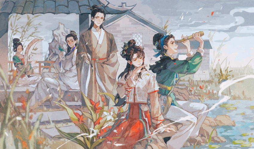 2boys 3girls absurdres arm_support bird bird_on_hand black_hair braid brown_coat brown_hair brown_robe capelet chinese_clothes closed_eyes coat day daylight919 flower hair_bun hair_flower hair_ornament hair_pulled_back hair_stick hair_tubes half_updo hand_up hands_up hanfu harp headband highres instrument layered_sleeves long_hair long_sleeves looking_at_another looking_at_viewer looking_away looking_to_the_side monocular multiple_boys multiple_girls music nature o-ring one_hundred_scenes_of_jiangnan outdoors playing_instrument pouch puffy_long_sleeves puffy_sleeves red_flower red_robe sash shore short_over_long_sleeves short_sleeves side_braid sideways_glance single_hair_bun sitting sky sleeves_past_fingers sleeves_past_wrists smile standing twin_braids updo water white_robe wide_sleeves wind