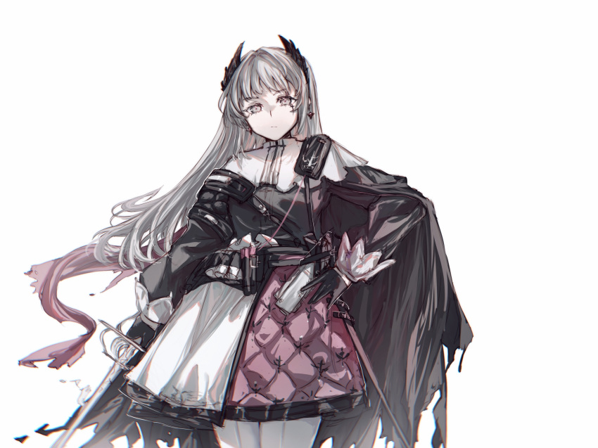 1girl ammunition_belt arknights black_dress cowboy_shot dress earrings grey_eyes grey_hair gun hair_intakes hand_on_hip handgun head_wings highres holding holding_sword holding_weapon irene_(arknights) jewelry long_hair long_sleeves looking_at_viewer multicolored_clothes multicolored_dress muonrei00 pink_dress pink_hair scar scar_across_eye simple_background sketch solo sword weapon white_background white_dress white_pantyhose