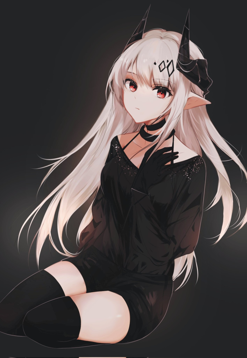 1girl alternate_costume arknights black_choker black_gloves black_horns black_legwear black_shirt choker closed_mouth demon_horns gloves gupipy hair_ornament highres horns long_hair mudrock_(arknights) pointy_ears red_eyes shirt solo thigh-highs very_long_hair