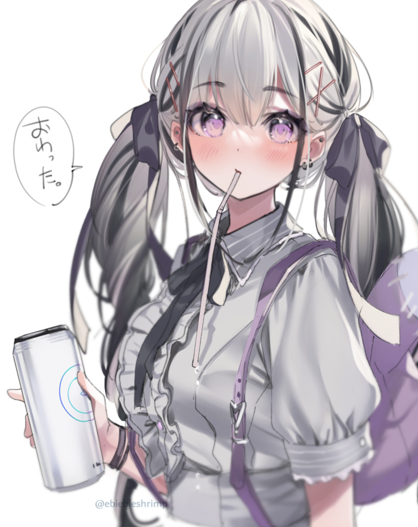 1girl bangs black_ribbon blurry blurry_foreground can closed_mouth drinking_straw drinking_straw_in_mouth ear_piercing earrings grey_hair grey_shirt hair_ribbon highres holding holding_can jewelry long_hair looking_at_viewer mouth_hold neck_ribbon original piercing pink_eyes purple_bag ribbon shirt short_sleeves shuri_(84k) solo speech_bubble twintails twitter_username upper_body white_background