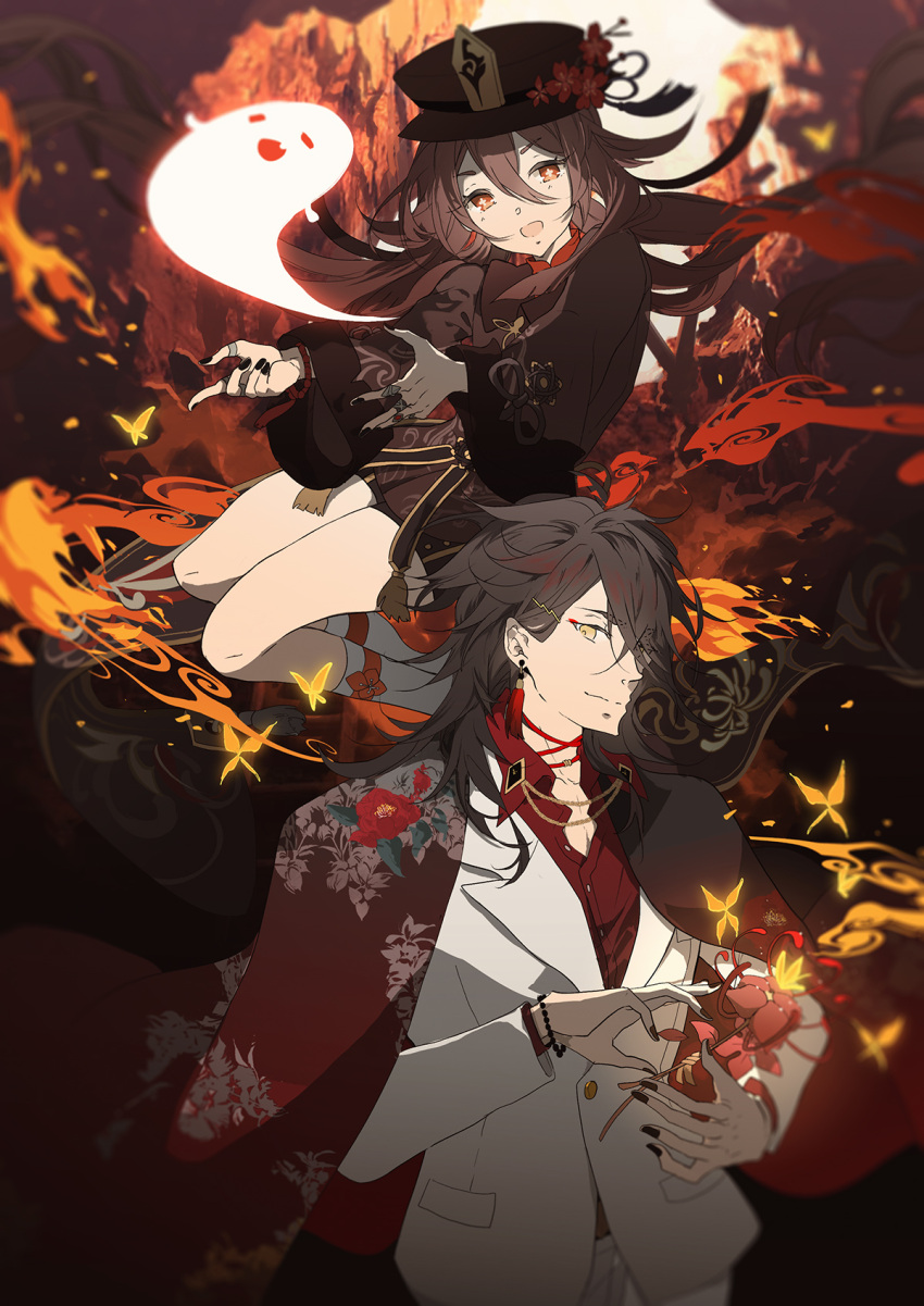 1boy 1girl black_nails black_shorts brown_hair chinese_clothes coat flower flower-shaped_pupils genshin_impact ghost hat highres hu_tao_(genshin_impact) jewelry long_sleeves looking_at_viewer mono_(freerotary) multiple_rings open_mouth plum_blossoms porkpie_hat red_eyes red_shirt ring shirt shorts symbol-shaped_pupils thighs white_legwear zhongli_(genshin_impact)