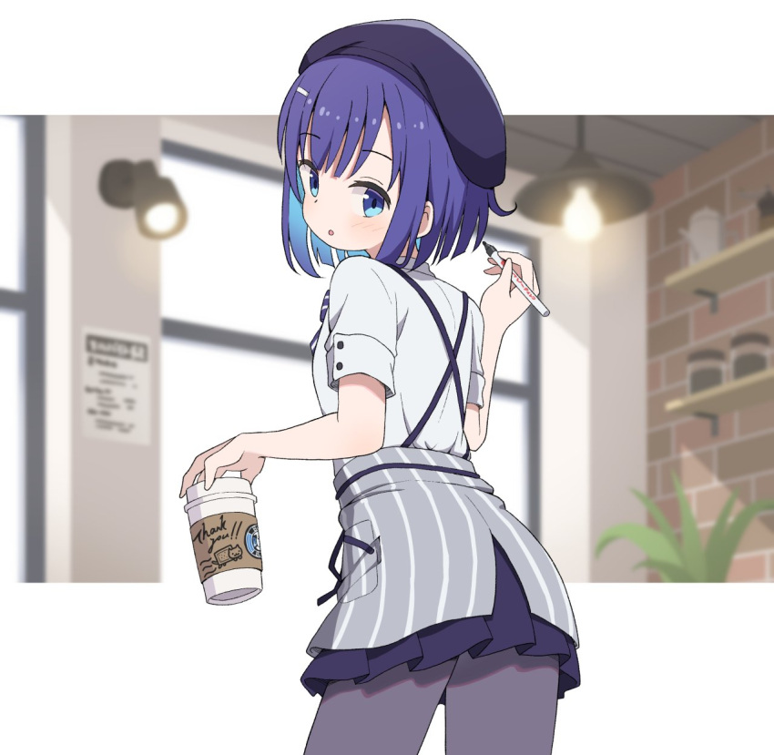 1girl beret black_bow blue_eyes blue_hair blurry blurry_background bow brick_wall ceiling_light coffee_cup cup disposable_cup dress_shirt english_text frilled_skirt frills from_behind fuiba_fuyu gochuumon_wa_usagi_desu_ka? grey_apron hair_ornament hairclip hat highres holding holding_cup holding_marker looking_at_viewer looking_back marker medium_hair mohei nyan_cat open_mouth pantyhose plant pleated_skirt shelf shirt short_sleeves sidelocks sign skirt suspender_skirt suspenders uniform white_shirt window