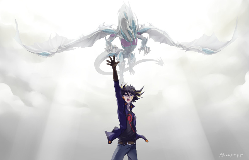 1boy black_hair clouds cloudy_sky collared_jacket denim dragon duel_monster fudou_yuusei hand_up highres jacket jeans light_rays male_focus multicolored_hair pants signature sky stardust_dragon streaked_hair tail two-tone_hair wings wwwprprprpr yu-gi-oh! yu-gi-oh!_5d's