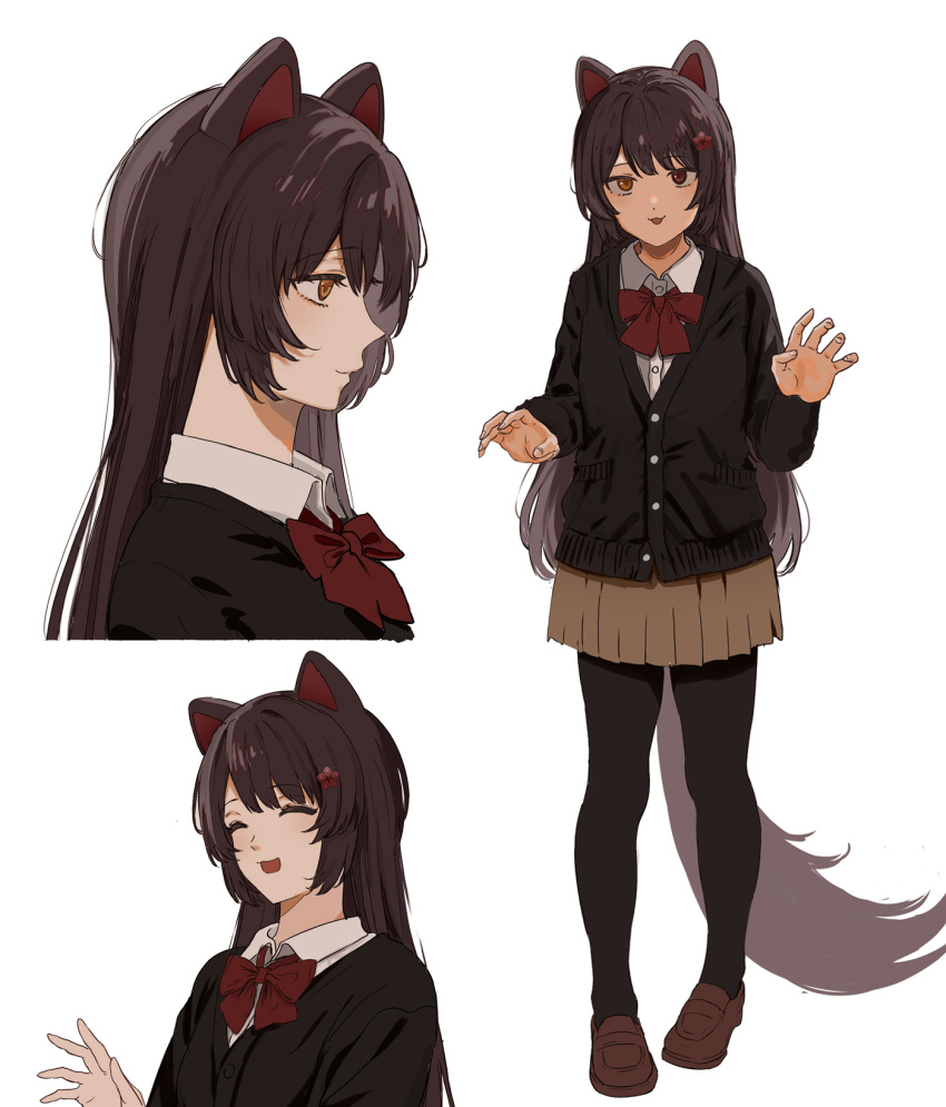 1girl :d animal_ears bangs black_cardigan black_pantyhose bow bowtie brown_eyes brown_footwear brown_hair brown_skirt cardigan closed_eyes closed_mouth collared_shirt dog_ears dog_girl dog_tail dress_shirt full_body heterochromia highres ibuki_(ibuki0118) inui_toko long_hair long_sleeves looking_at_viewer multiple_views nijisanji parted_lips pleated_skirt profile red_bow red_bowtie red_eyes shirt shoes simple_background skirt smile tail very_long_hair virtual_youtuber white_background white_shirt