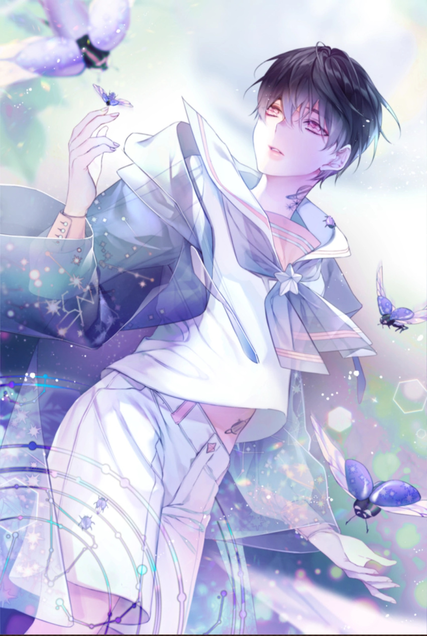 1boy black_hair bug constellation_print highres long_sleeves looking_to_the_side male_focus nishi_(ainshaie) official_art open_mouth parche_(saibai_shounen) parted_lips pink_eyes saibai_shounen school_uniform second-party_source serafuku short_hair solo star_(symbol) starry_sky_print tattoo tattoo_on_midriff tattoo_on_neck