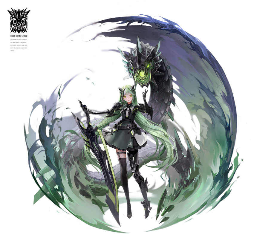 1girl daeraeband dress full_body green_dress green_eyes green_hair holding holding_sword holding_weapon long_hair looking_at_viewer original parted_lips prosthesis prosthetic_arm prosthetic_leg single_thighhigh solo standing sword thigh-highs weapon white_background