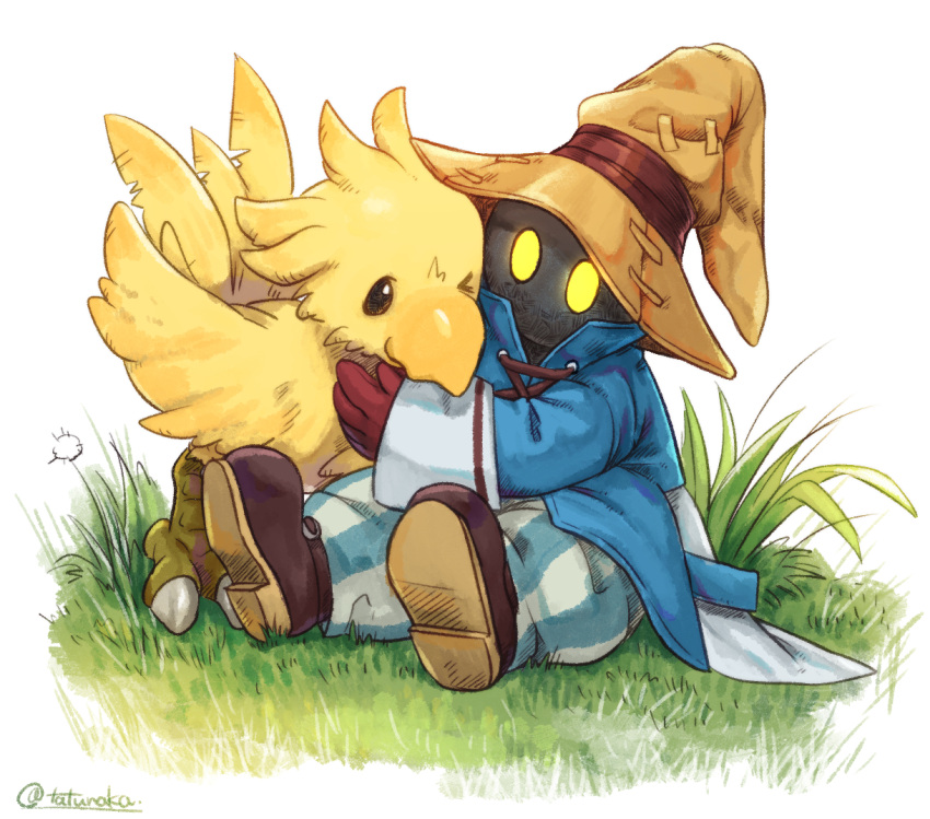 bird black_mage blue_coat boots chocobo coat final_fantasy final_fantasy_ix full_body gloves glowing glowing_eyes grass hat high_collar hug lace-up_top on_ground outdoors pants red_gloves striped striped_pants t3k_ttnk tatsunaka_(tx3) vivi_ornitier white_background wizard_hat yellow_eyes