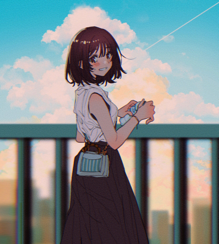 1girl bag bangs black_skirt blush bottle bracelet brown_eyes brown_hair clouds contrail handbag hands_up highres hmng holding holding_bottle jewelry looking_at_viewer looking_back original outdoors parted_lips railing shirt short_hair skirt sky sleeveless sleeveless_shirt smile solo standing water_bottle white_shirt