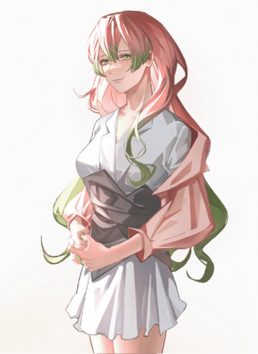 1girl animated animated_gif bangs blinking breasts cowboy_shot dress eyelashes floating_clothes floating_hair gradient_hair green_eyes green_hair hair_down hana967531 highres jacket kanroji_mitsuri kimetsu_no_yaiba long_hair looking_at_viewer mole mole_under_eye multicolored_hair own_hands_together pink_hair pink_jacket short_dress smile solo striped striped_background two-tone_hair v-neck vertical_stripes wavy_hair white_dress wind