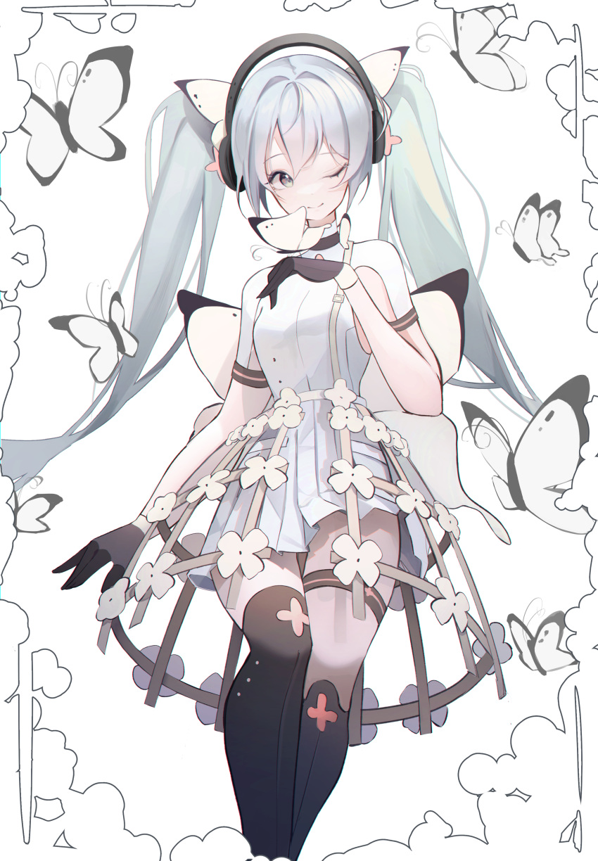 1girl absurdres armpit_cutout bangs blue_eyes blue_hair blush boots bug butterfly butterfly_hair_ornament butterfly_on_hand clothing_cutout crinoline dress e_name flower gloves hair_ornament hand_up hatsune_miku headphones high_collar highres knee_boots long_hair looking_to_the_side one_eye_closed pleated_dress short_sleeves skirt smile solo suspender_skirt suspenders thigh_strap twintails very_long_hair vocaloid