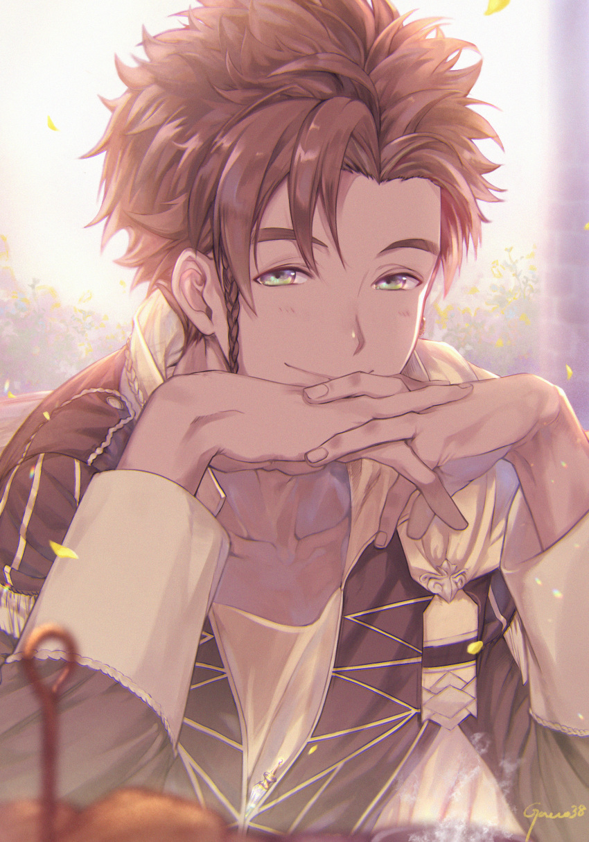 1boy absurdres bangs black_hair black_jacket braid claude_von_riegan closed_mouth collarbone fire_emblem fire_emblem:_three_houses gakko_(gacco38) garreg_mach_monastery_uniform green_eyes hands_up highres jacket long_sleeves looking_at_viewer male_focus own_hands_clasped own_hands_together short_hair single_braid smile solo upper_body