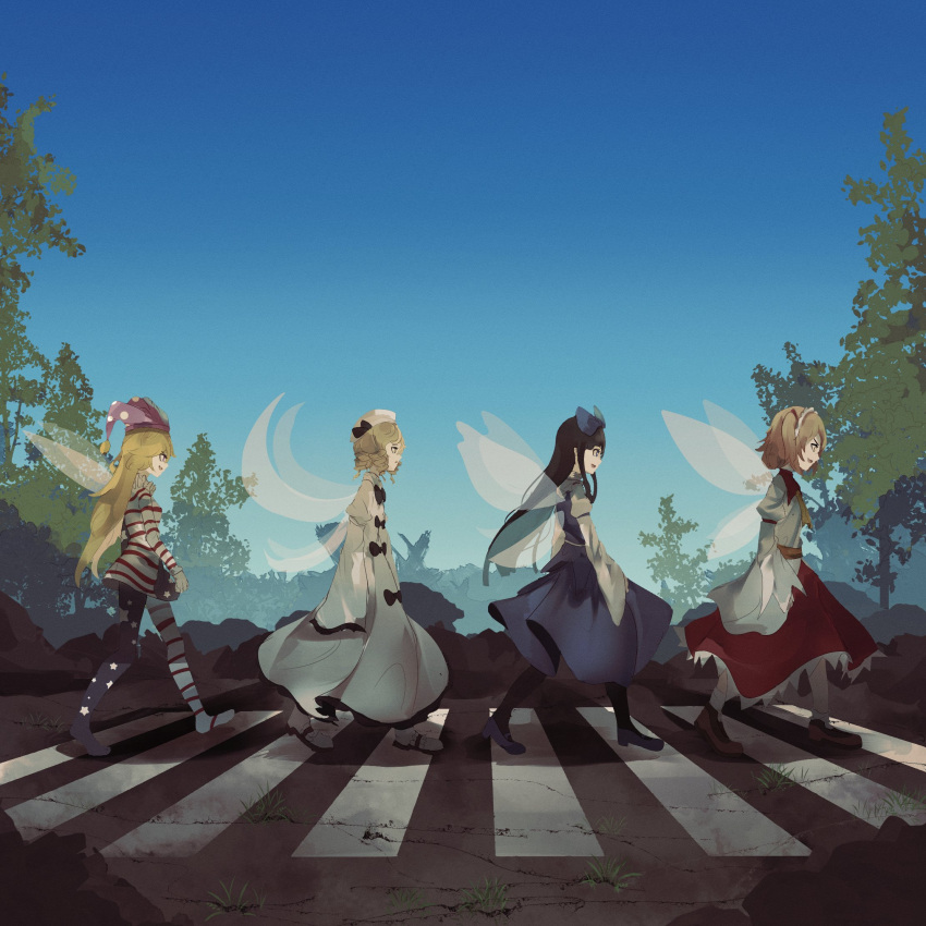 4girls abbey_road american_flag black_hair blonde_hair blue_bow blue_dress bow brown_hair chestnut_mouth clownpiece crosswalk dress drill_hair fairy fairy_wings frilled_shirt_collar frills hair_bow hat headdress highres jester_cap leggings long_dress luna_child multiple_girls naufaldreamer neck_ruff pantyhose parody pink_eyes polka_dot red_dress ruins star_sapphire sunny_milk touhou tree white_dress wide_sleeves wings