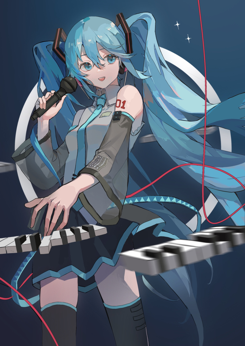 1girl 30020505 absurdres arm_tattoo bangs bare_shoulders black_skirt black_thighhighs blue_background blue_eyes blue_hair blue_necktie chinese_commentary collared_shirt commentary_request detached_sleeves feet_out_of_frame gradient gradient_background grey_shirt hair_between_eyes hatsune_miku headphones highres holding holding_microphone long_hair looking_to_the_side microphone motion_blur necktie number_tattoo open_mouth piano_keys red_ribbon ribbon see-through see-through_sleeves shirt skirt sleeveless sleeveless_shirt smile solo sparkle standing tattoo twintails very_long_hair vocaloid