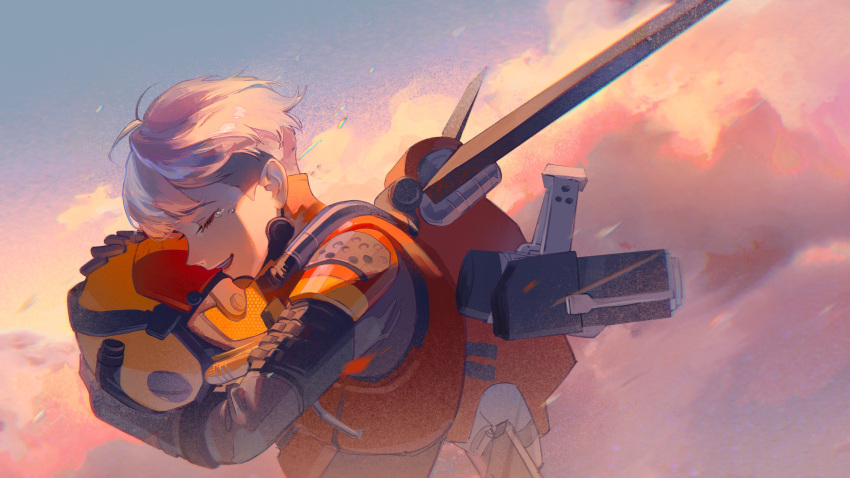 1girl absurdres apex_legends artist_request birthright_valkyrie closed_eyes clouds crying english_commentary from_side grey_hair hair_behind_ear helmet highres holding holding_helmet jetpack object_hug official_alternate_costume official_art open_mouth short_hair sky valkyrie_(apex_legends)