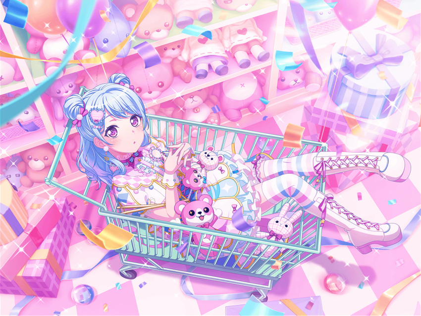 balloon bang_dream! blue_hair box confetti dress long_hair matsubara_kanon official_art plush shopping_cart smile violet_eyes