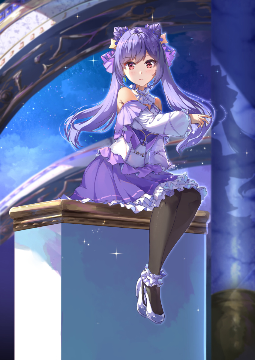 1girl bare_shoulders black_legwear chahei clouds commentary_request cone_hair_bun frilled_skirt frills genshin_impact hair_bun high_heels highres keqing_(genshin_impact) long_hair long_sleeves night night_sky off_shoulder pantyhose pleated_skirt puffy_long_sleeves puffy_sleeves purple_hair purple_skirt ribbon-trimmed_skirt ribbon_trim shirt shoes sitting skirt sky sleeves_past_wrists solo star_(sky) starry_sky twintails very_long_hair white_footwear white_shirt