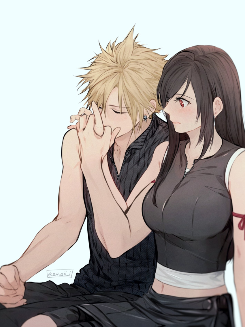 1boy 1girl apron arm_ribbon bare_shoulders black_hair black_shorts blonde_hair blush breasts cloud_strife couple crop_top earrings final_fantasy final_fantasy_vii final_fantasy_vii_advent_children highres holding_hands jewelry kiss kissing_hand large_breasts long_hair looking_at_another maiii_(smaii_i) midriff_peek navel red_eyes ribbon shorts simple_background sitting sleeveless spiky_hair tifa_lockhart waist_apron