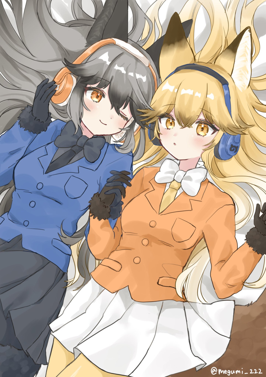 2girls animal_ears black_bow black_bowtie black_fur black_gloves black_hair black_legwear black_necktie black_skirt blue_jacket bow bowtie brown_fur brown_gloves brown_hair commentary_request ezo_red_fox_(kemono_friends) fox_ears fox_girl fox_tail fur_trim gloves grey_hair hair_between_eyes headphones highres holding_hands jacket kemono_friends long_hair long_sleeves lying megumi_222 multicolored_hair multiple_girls necktie on_back one_eye_closed orange_eyes orange_hair orange_jacket orange_legwear orange_necktie pantyhose pleated_skirt silver_fox_(kemono_friends) skirt tail white_bow white_bowtie white_hair white_skirt