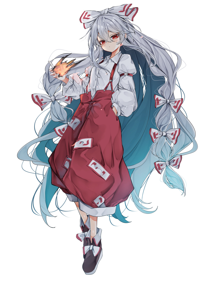 1girl absurdres baggy_pants black_footwear blush bow closed_mouth collared_shirt fire fujiwara_no_mokou full_body hair_between_eyes hair_bow highres long_hair long_sleeves pants red_eyes red_pants shirt shoes simple_background solo suspenders touhou tsune_(tune) white_background white_bow white_hair white_shirt