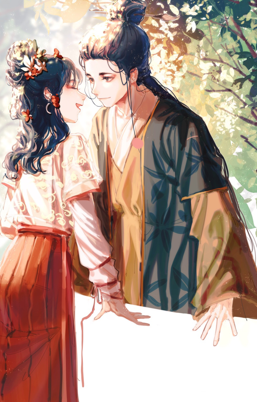 1boy 1girl arm_support branch brown_hair brown_robe chinese_clothes closed_mouth earrings eyelashes eyeliner face-to-face feet_out_of_frame flower hair_bun hair_flower hair_ornament hair_pulled_back hair_tubes half_updo hanfu happy hetero highres jacket jewelry juzuchongqianceng layered_sleeves leaf_print light_particles long_hair long_sleeves looking_at_another makeup one_hundred_scenes_of_jiangnan red_flower ribbon short_over_long_sleeves short_sleeves sidelocks single_hair_bun sleeves_past_wrists standing wen_zhengming wu_yu