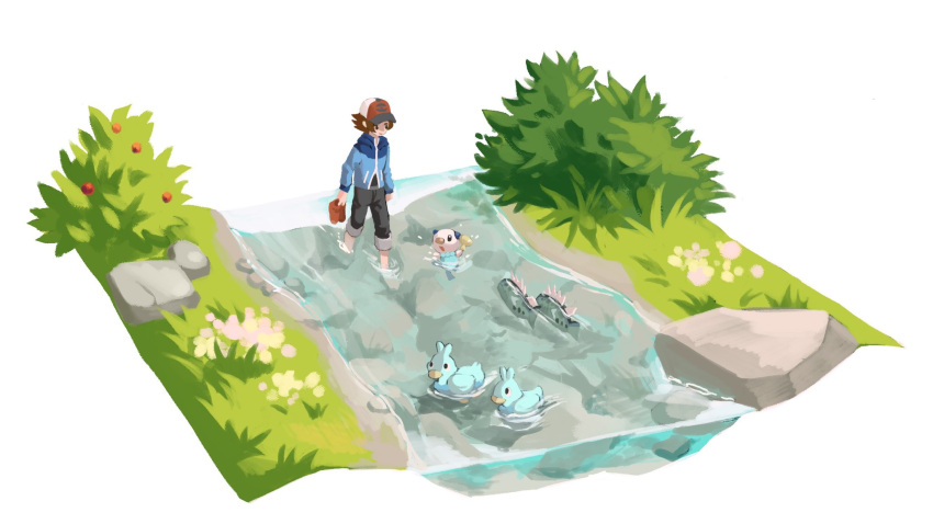 1boy basculin blue_jacket brown_hair bush c0ral_reef_p commentary ducklett flower grass hat highres hilbert_(pokemon) holding holding_shoes jacket male_focus oshawott pants pants_rolled_up poke_ball_print pokemon pokemon_(creature) pokemon_(game) pokemon_bw red_headwear river shoes shoes_removed short_hair standing stone wading water