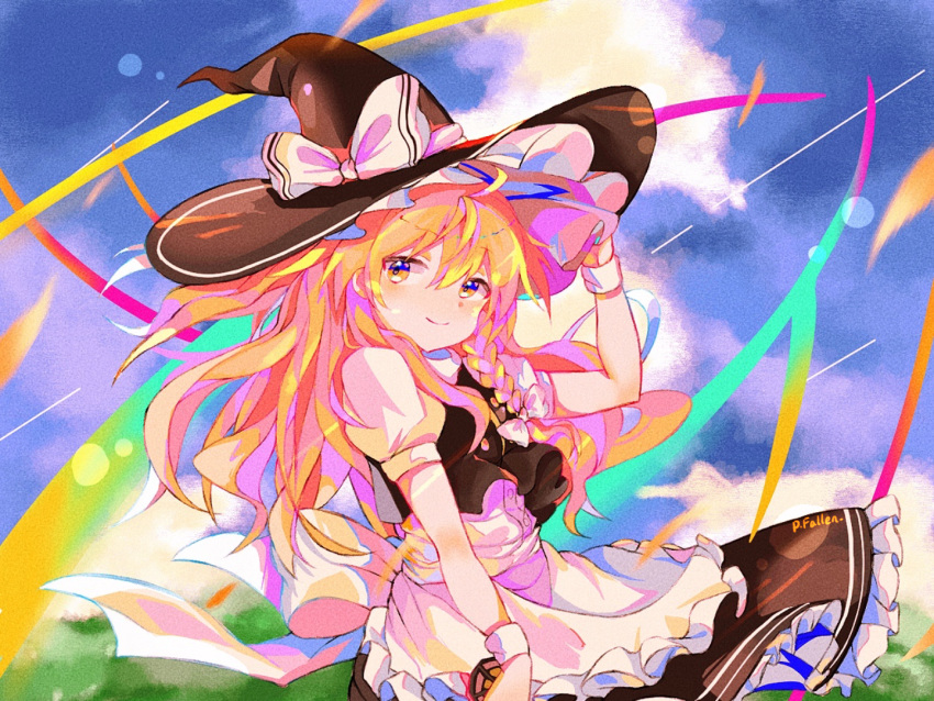 1girl apron bangs black_headwear black_skirt black_vest blonde_hair blurry blurry_background bow braid clouds cloudy_sky commentary_request cowboy_shot frilled_apron frilled_hat frills hair_bow hand_on_headwear hat hat_bow kirisame_marisa long_hair looking_at_viewer mini-hakkero pfallen puffy_short_sleeves puffy_sleeves shirt short_sleeves signature single_braid skirt sky smile solo touhou vest waist_apron white_bow white_shirt witch_hat wristband yellow_eyes