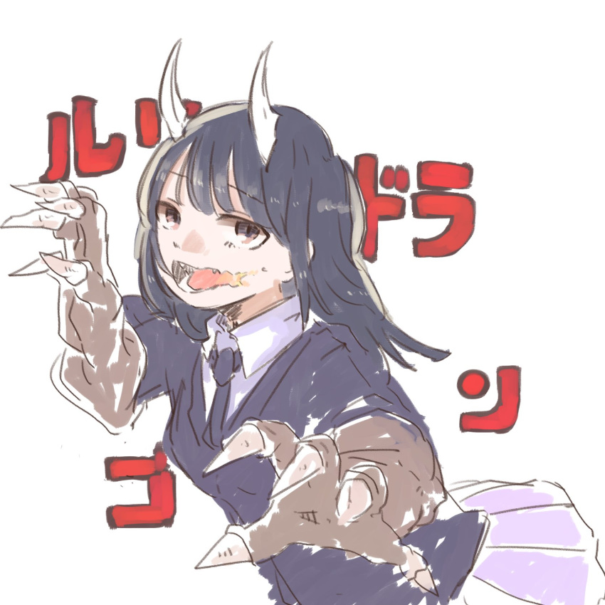 1girl aoki_ruri arm_up background_text bangs blue_necktie breathing_fire claw_pose claws collared_shirt copyright_name cowboy_shot dark_blue_hair dragon_girl dragon_horns fangs fire highres horns long_hair looking_at_viewer looking_to_the_side monster_girl multicolored_eyes necktie open_mouth outstretched_arm pink_eyes pleated_skirt ruri_dragon school_uniform shirt simple_background skirt solo swept_bangs truel violet_eyes white_background white_horns white_shirt
