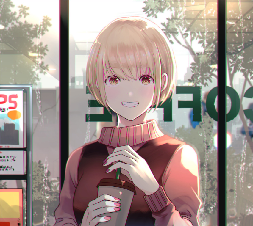 1girl bangs blonde_hair blush brown_eyes coffee commentary_request cup disposable_cup drink drinking_straw highres holding holding_cup holding_drink long_sleeves looking_at_viewer original pink_sweater rain short_hair smile sweater teeth turtleneck upper_body yamamoto_makuya