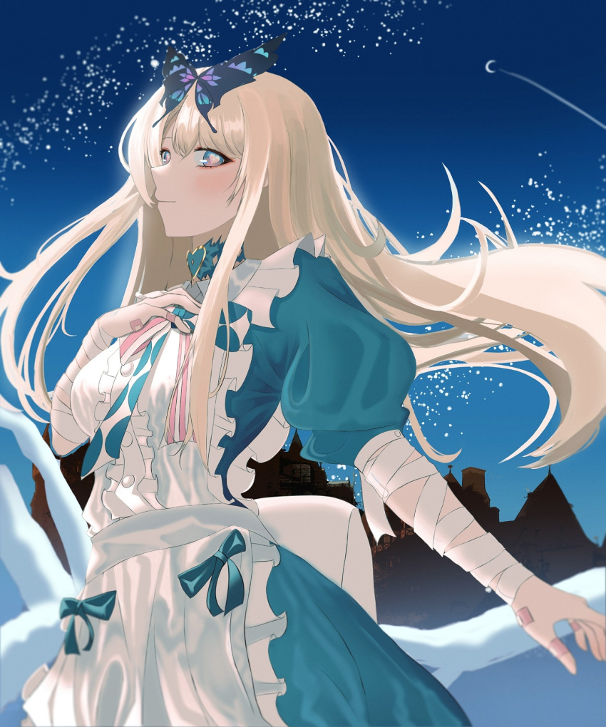 1girl adela_(adela1357) alice_(grimlight) apron back_bow bandaged_arm bandages bandaid bandaid_on_hand bangs blonde_hair blue_bow blue_bowtie blue_choker blue_dress blue_eyes blue_sky blush bow bowtie breasts butterfly_hair_ornament butterfly_wings castle choker closed_mouth crescent dress frills gradient gradient_sky grey_apron grey_bow grey_bowtie grimlight hair_between_eyes hair_ornament hand_on_own_chest hand_up heart heart_in_eye highres long_hair looking_at_viewer medium_breasts multicolored_bow multicolored_bowtie multicolored_eyes night night_sky pink_bow pink_bowtie pink_eyes puffy_short_sleeves puffy_sleeves short_sleeves sky smile solo sparkle_print standing star_(sky) star_(symbol) star_print starry_sky striped striped_bow striped_bowtie symbol_in_eye window wings