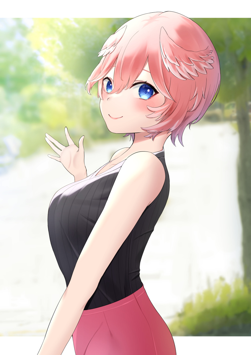 1girl absurdres bare_arms bare_shoulders black_shirt blue_eyes breasts casual closed_mouth collarbone from_side hair_between_eyes head_wings highres hololive large_breasts lipgloss looking_at_viewer mikumineko nape outdoors outside_border pink_hair pink_skirt ribbed_shirt shirt short_hair skirt sleeveless sleeveless_shirt smile solo takane_lui upper_body v-neck virtual_youtuber waving