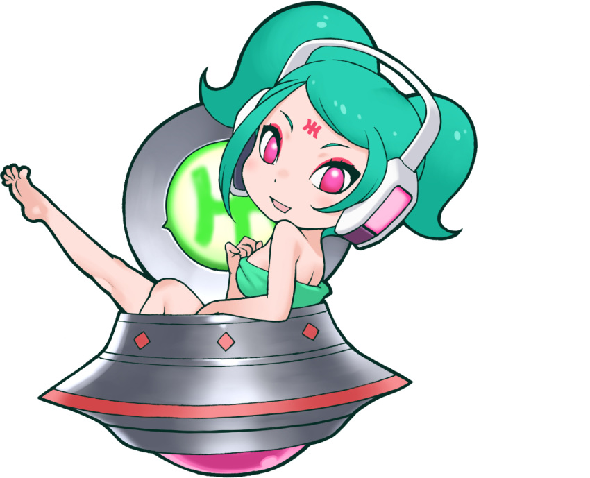 1girl alien barefoot bath bathtub breasts eiriyan_(kemono_friends) game_cg green_hair headphones kemono_friends long_hair looking_at_viewer official_art open_mouth pink_eyes smile solo tachi-e towel transparent_background twintails ufo yoshizaki_mine