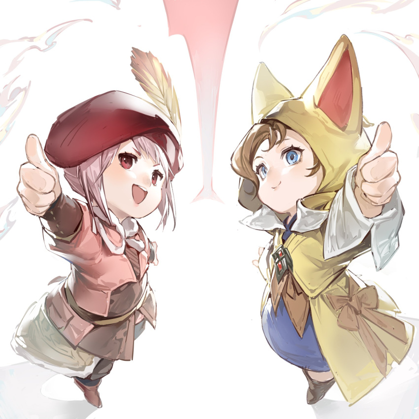 2girls animal_hood arm_up bangs beret blue_eyes boots brown_footwear brown_hair cat_hood chinese_commentary commentary_request countdown crow0cc final_fantasy final_fantasy_xiv foreshortening from_above full_body hat hat_feather highres hood hoodie jacket krile_mayer_baldesion_(ff14) lalafell long_sleeves looking_at_viewer multiple_girls open_mouth outstretched_arm pink_hair pink_jacket red_eyes red_headwear short_hair smile standing tataru_taru thumbs_up v-shaped_eyebrows yellow_hoodie