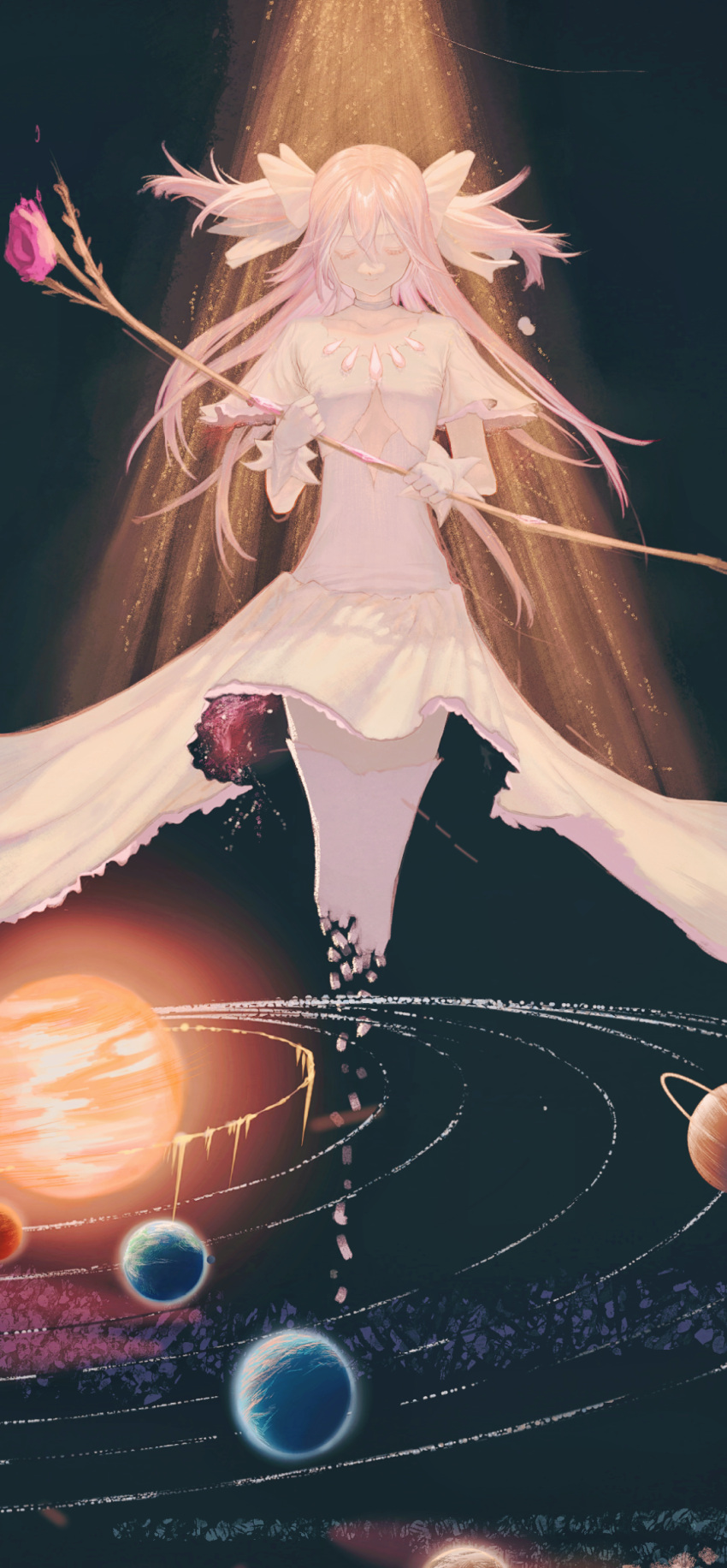 1girl bangs bow chinese_commentary choker closed_eyes collarbone commentary_request dissolving dress earth_(planet) facing_viewer floating_hair full_body gloves glowing goddess_madoka hair_between_eyes hair_bow highres holding holding_wand kaname_madoka long_hair mahou_shoujo_madoka_magica moon orbital_path pink_hair planet saturn_(planet) smile solar_system solo space spotlight straight-on sun thigh-highs two_side_up tyae uranus_(planet) venus_(planet) wand white_choker white_dress white_gloves white_thighhighs