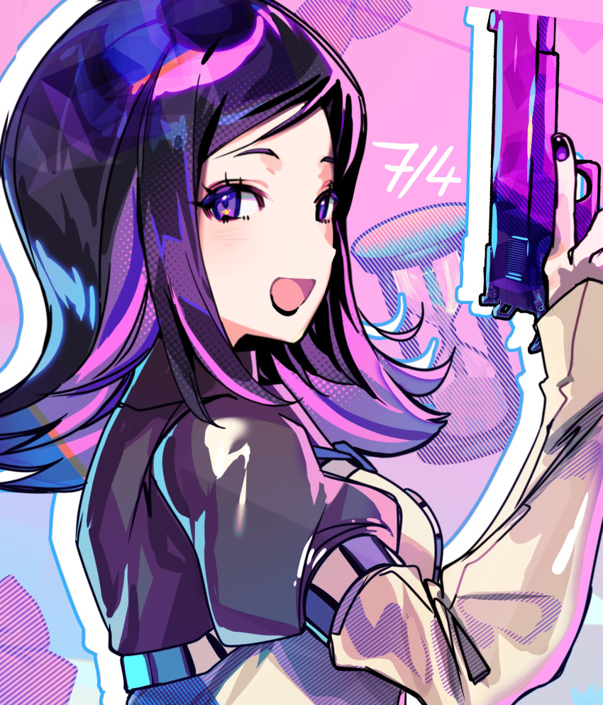 1girl absurdres amano_maya black_hair black_nails breasts brown_shirt from_side gun handgun highres hourglass kasumi_koujou looking_to_the_side medium_breasts open_mouth persona persona_2 shirt short_hair smile solo trigger_discipline violet_eyes weapon