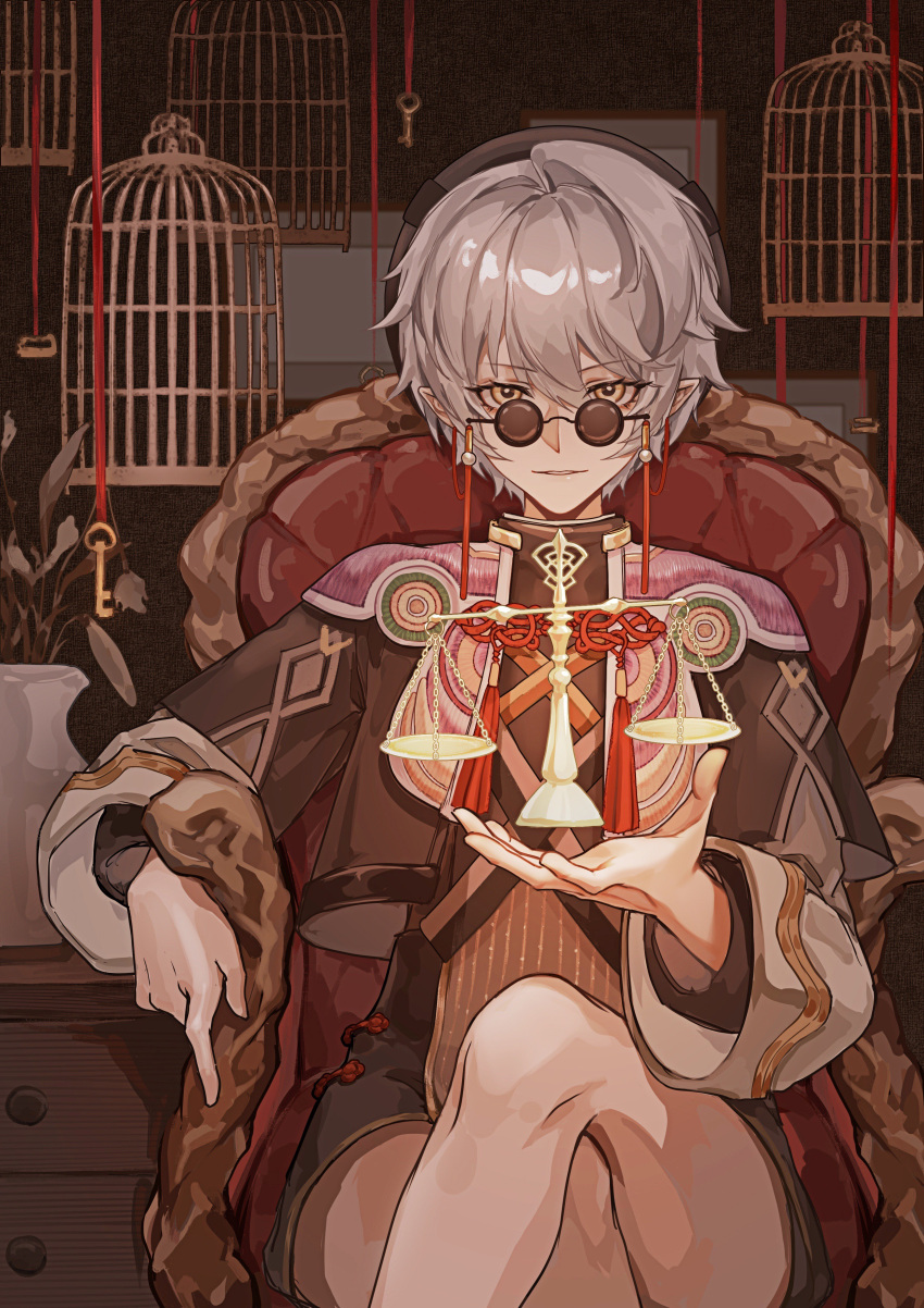 1boy absurdres balance_scale bishounen cage chair chinese_clothes earrings glasses hannya hannya_(onmyoji) highres jewelry long_sleeves male_focus mask onmyoji short_hair sitting solo weighing_scale white_hair wuranyuan4hao