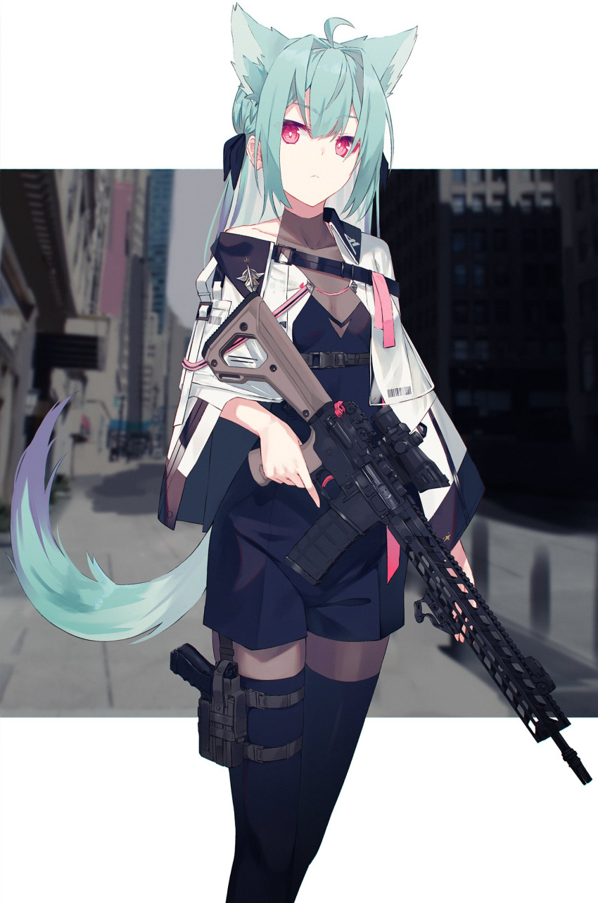 1girl animal_ear_fluff animal_ears assault_rifle bangs bare_shoulders braid breasts collarbone extra_ears fox_ears fox_girl fox_tail green_hair gun hair_between_eyes handgun highres holding holding_gun holding_weapon holster holstered_weapon jacket long_hair long_sleeves looking_at_viewer nagishiro_mito original red_eyes ribbon rifle scope shorts side_braid sidelocks small_breasts solo tail tail_raised thigh-highs thigh_holster thigh_strap weapon white_jacket zettai_ryouiki