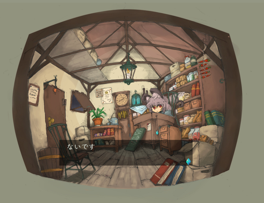 1girl animal_ears bangs book box candle cardboard_box chair chest_of_drawers chili_pepper clock closed_mouth commentary_request cookie_(touhou) dialogue_box door grandfather_clock grey_hair hair_between_eyes indoors lantern looking_at_viewer mikozin mouse_ears mouse_girl mouse_tail nazrin nyon_(cookie) plant potted_plant red_eyes shelf short_hair solo table tail touhou translation_request upper_body