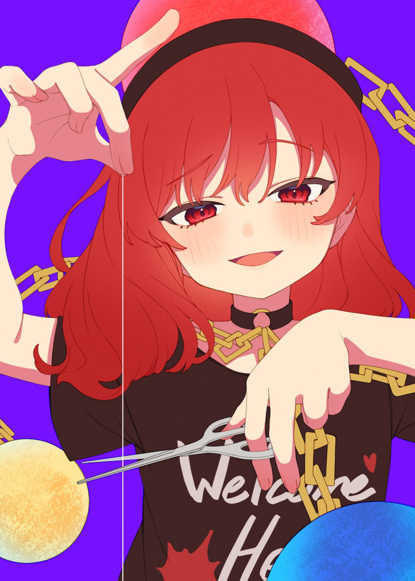 1girl arms_up bangs bare_shoulders black_choker blush brown_headwear brown_shirt chain choker clothes_writing e_sdss earth_(ornament) fingernails gold_chain hair_between_eyes hands_up heart heart_print hecatia_lapislazuli highres long_fingernails looking_at_viewer medium_hair moon_(ornament) off-shoulder_shirt off_shoulder open_mouth polos_crown purple_background red_eyes redhead scissors shirt short_sleeves simple_background smile solo standing t-shirt thread tongue touhou underworld_(ornament)