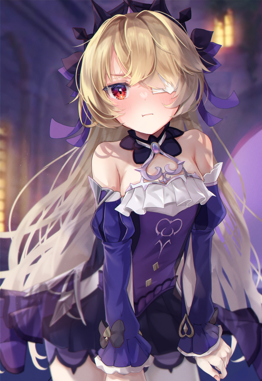 1girl absurdres bare_shoulders blonde_hair blurry blurry_background blush breasts choker detached_sleeves dress eyepatch fischl_(ein_immernachtstraum)_(genshin_impact) fischl_(genshin_impact) frills fuyoyo genshin_impact hair_over_one_eye highres juliet_sleeves leaning_forward long_hair long_sleeves looking_at_viewer official_alternate_costume pout puffy_long_sleeves puffy_sleeves purple_dress purple_sleeves red_eyes sleeveless sleeveless_dress small_breasts solo tiara