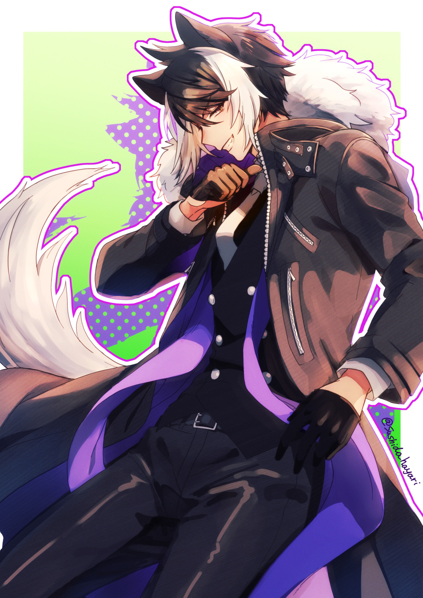 1boy absurdres animal_ears belt black_belt black_coat black_gloves black_hair black_pants black_shirt black_vest buttons coat cowboy_shot double-breasted fur-trimmed_coat fur_trim gloves green_background grin hair_between_eyes half_gloves highres holostars jackal_boy jackal_ears jackal_tail kageyama_shien looking_at_viewer male_focus multicolored_hair necktie open_clothes open_coat outline outside_border pants pointing pointing_at_self polka_dot profile shirt short_hair silhouette smile solo stole sushida_hayari thumbs_up two-tone_hair vest virtual_youtuber white_hair white_necktie yellow_eyes zipper