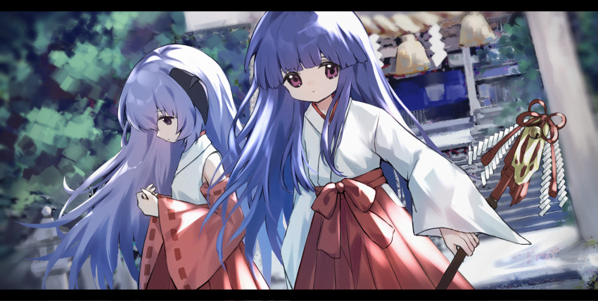 2girls bangs bell blunt_bangs blurry blurry_background chinese_commentary commentary_request cowboy_shot detached_sleeves expressionless furude_rika gohei hakama hakama_skirt hanyuu highres higurashi_no_naku_koro_ni holding holding_gohei holding_wand horns japanese_clothes jingle_bell kimono leaf letterboxed long_hair long_sleeves looking_at_viewer looking_down miko multiple_girls outdoors own_hands_together profile purple_hair red_skirt riinougat shrine skirt standing violet_eyes wand white_kimono wide_sleeves