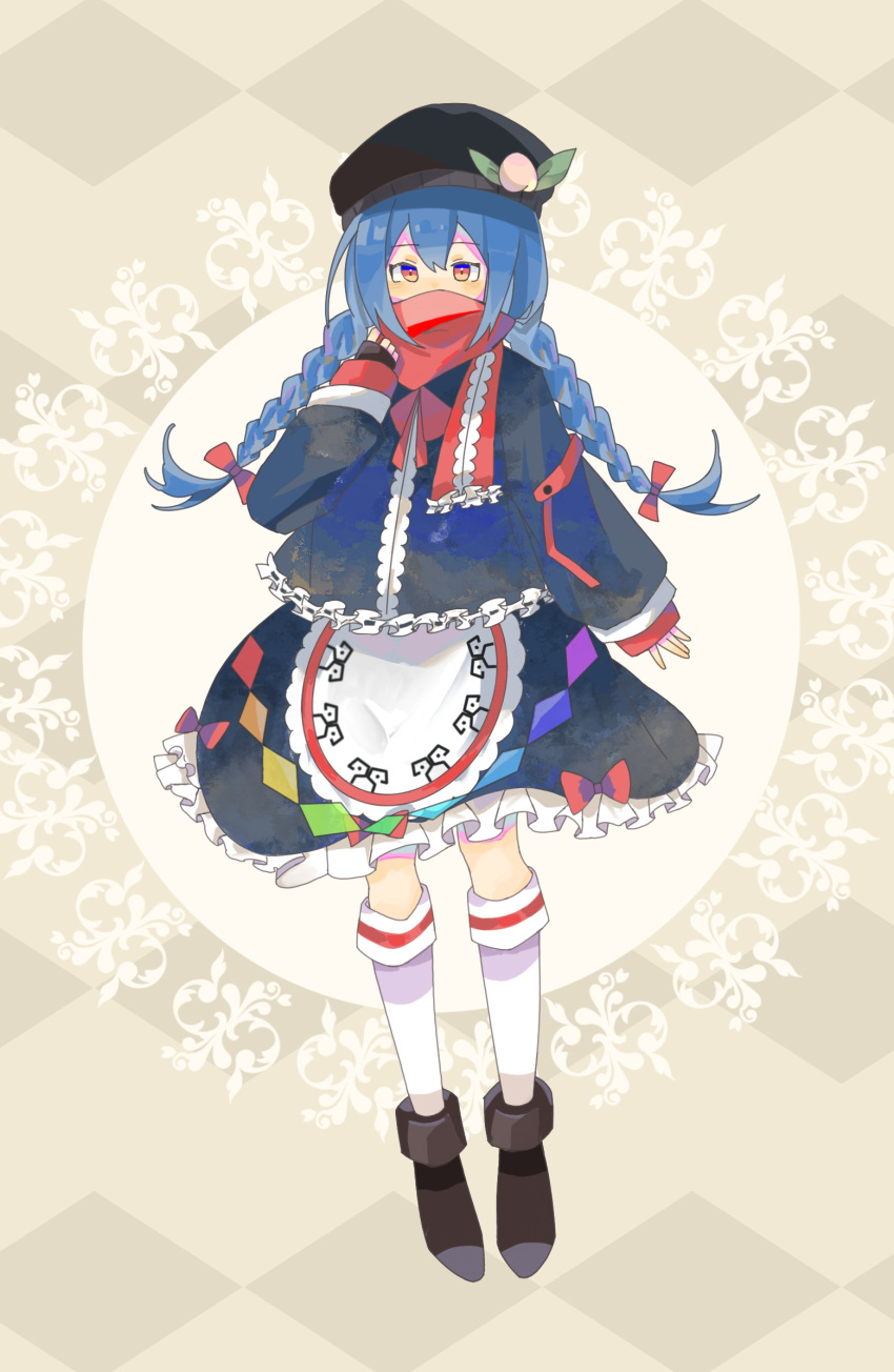 1girl alternate_costume alternate_hairstyle apron bangs beret black_footwear black_headwear black_jacket black_skirt blue_hair boots bow braid commentary covered_mouth frilled_jacket frilled_scarf frilled_skirt frills full_body hair_bow hat highres hinanawi_tenshi jacket long_hair long_sleeves looking_at_viewer orange_eyes peach_hat_ornament pfallen rainbow_order red_bow red_ribbon red_scarf ribbon scarf scarf_over_mouth skirt sleeves_past_wrists solo touhou twin_braids waist_apron white_kneehighs winter_clothes