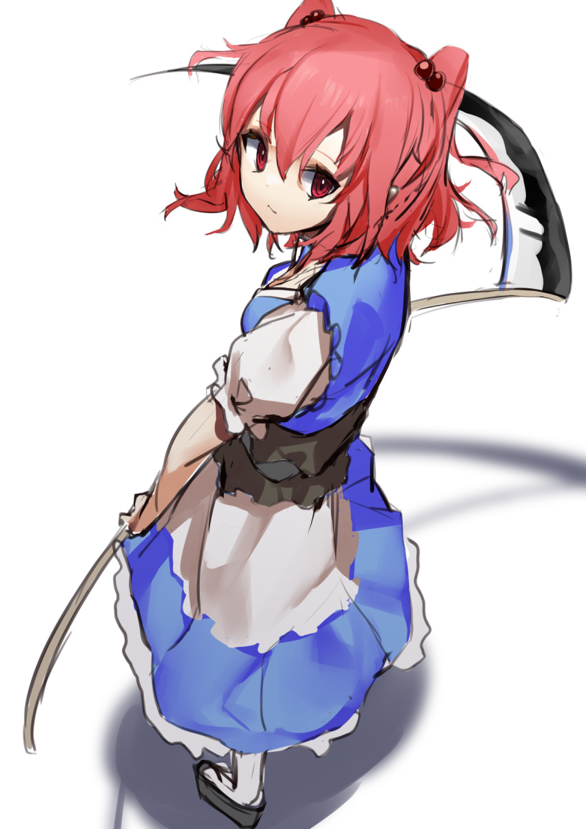 1girl bangs black_footwear blue_dress closed_mouth dress from_above full_body highres holding holding_scythe looking_at_viewer onozuka_komachi pocche-ex red_eyes redhead scythe short_hair short_sleeves simple_background smile solo standing touhou two_side_up white_background white_legwear