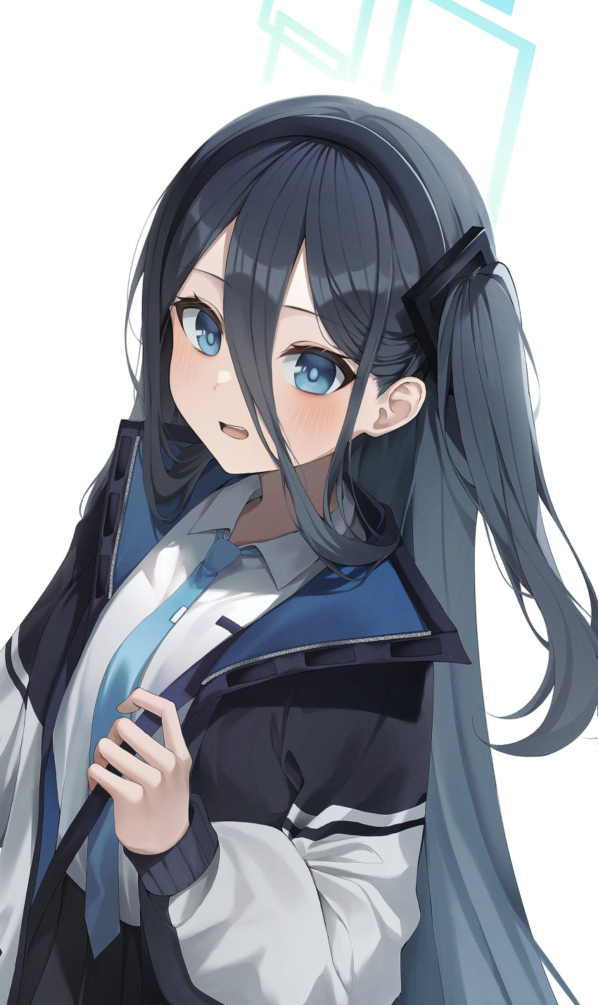 1girl absurdres arisu_(blue_archive) bangs black_hair black_hairband black_jacket black_skirt blue_archive blue_eyes blue_necktie blush collared_shirt duyu hair_behind_ear hair_between_eyes hair_ornament hairband halo highres jacket long_hair long_sleeves looking_at_viewer necktie one_side_up open_clothes open_jacket open_mouth shirt simple_background skirt solo upper_body w white_shirt