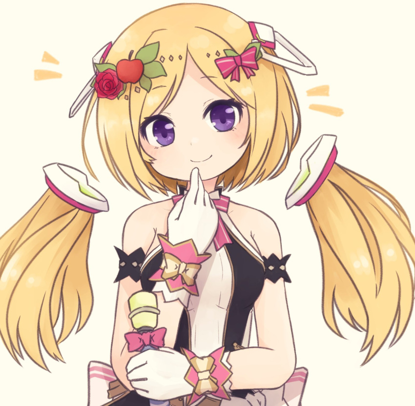 1girl aki_rosenthal armband armpit_crease blonde_hair bow breasts detached_hair flower gloves hair_bow hair_flower hair_ornament highres hololive hololive_idol_uniform medium_breasts microphone rose smile solo tonton_(tonz159) upper_body violet_eyes virtual_youtuber white_gloves