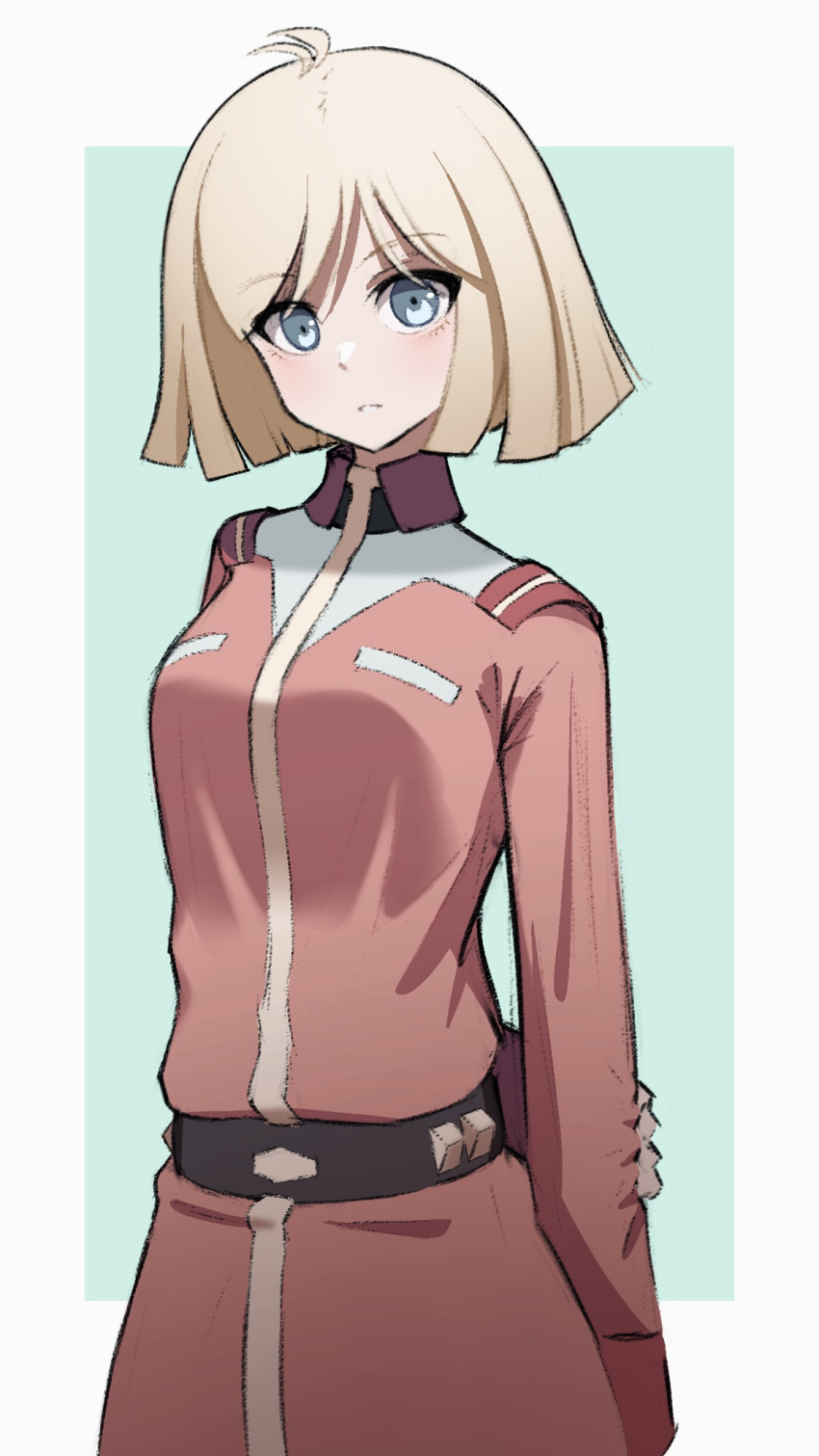 1girl ahoge arms_behind_back bangs belt blonde_hair blue_eyes breasts english_commentary green_background gundam highres long_sleeves looking_at_viewer medium_breasts mobile_suit_gundam nsb36046_(na) sayla_mass short_hair solo uniform upper_body