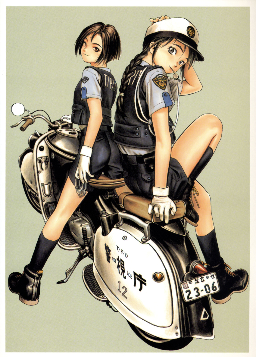 2girls gloves kobayakawa_miyuki motorcycle murata_range police police_hat police_uniform policewoman range_murata tsujimoto_natsumi whistle white_gloves you're_under_arrest